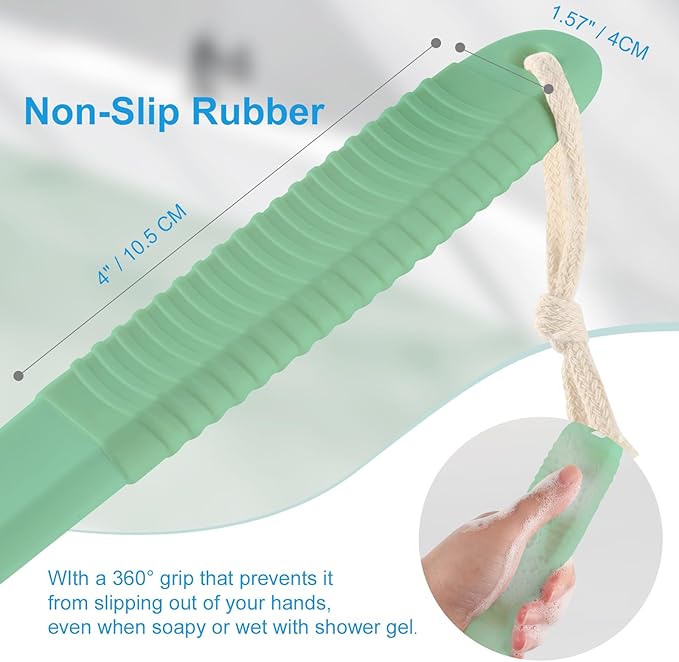VANZAVANZU Back Scrubber for Shower, Bath Brush with 17-Inch Long Anti-Slip Handle, Wet and Dry Brushing Body Brush for Body Cleansing, Back Brush for Men and Women (Pea Green)
