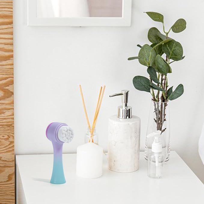 Face Brush 2 in 1, Silicone Facial Cleansing Exfoliating Brush Soft Bristles Pore Deep Cleansing Manual Dual Face Wash Scrub Brush For Massaging, Makeup Skincare Removal, Gradient Purple