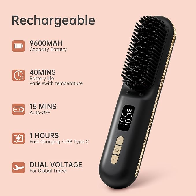 Cordless Hair Straightener Brush, Go Brush Pro, Portable Crystal Diamond Bling Mini Straightening Brush for Travel, Negative Ion Hot Comb with 9 Temps, Anti-Scald Ceramic, Fast Charging for Women