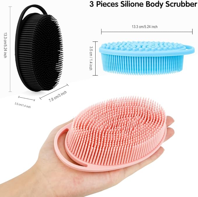 3 Pack Silicone Body Scrubber, Silicone Loofah Soft Exfoliating Body Scrubber, Silicones Body Brush Bath Shower Scrubber for Body, 2 in 1 Bath and Shampoo Wash Brush for Skin Exfoliation Men Women