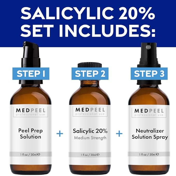 MedPeel Salicylic Acid 20% Essential Peel Kit, Includes Peel, Prep, Neutralizer, Medium Strength Professional Grade Chemical Face Peel for all Skin Tones, 1oz/30ml (Kit of 3)