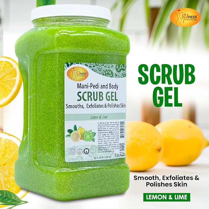SPA REDI – Lemon & Lime Pumice Scrub Gel, Exfoliating, Hydrating & Nourishing, Infused with Hyaluronic Acid, Amino Acids, Panthenol and Comfrey Extract for Glowy Smooth Skin – 128oz Gallon