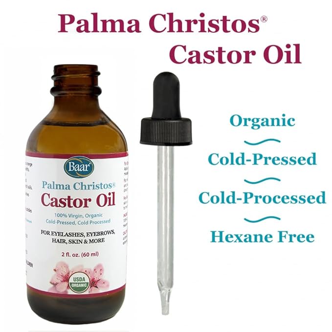 Baar Palma Christos Castor Oil, Organic, 100% Pure, Cold-Pressed, Hexane-Free Products. Helps with Conditions for Hair Growth for Eyebrows, Hair, and Eyelashes. Natural Hair Treatment Oil 2 oz.