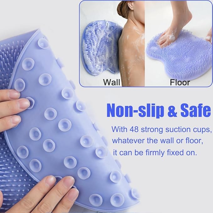2 PCS Shower Foot & Back Scrubber Brush, Hands Free Wall Mounted Back Massager Mat with Non-Slip Suction Cups Deep Cleaning Foot Brush Exfoliating Silicone Massage Cleaner (Blue&Yellow)