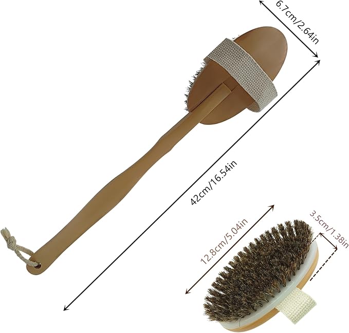 Dry Brushing Body Brush, Exfoliating Back Scrubber Natural Horsehair Bath Brush with 16.5” Long Handle Detachable for Shower, Skin Exfoliation, Cellulite and Lymphatic Improvement Gift