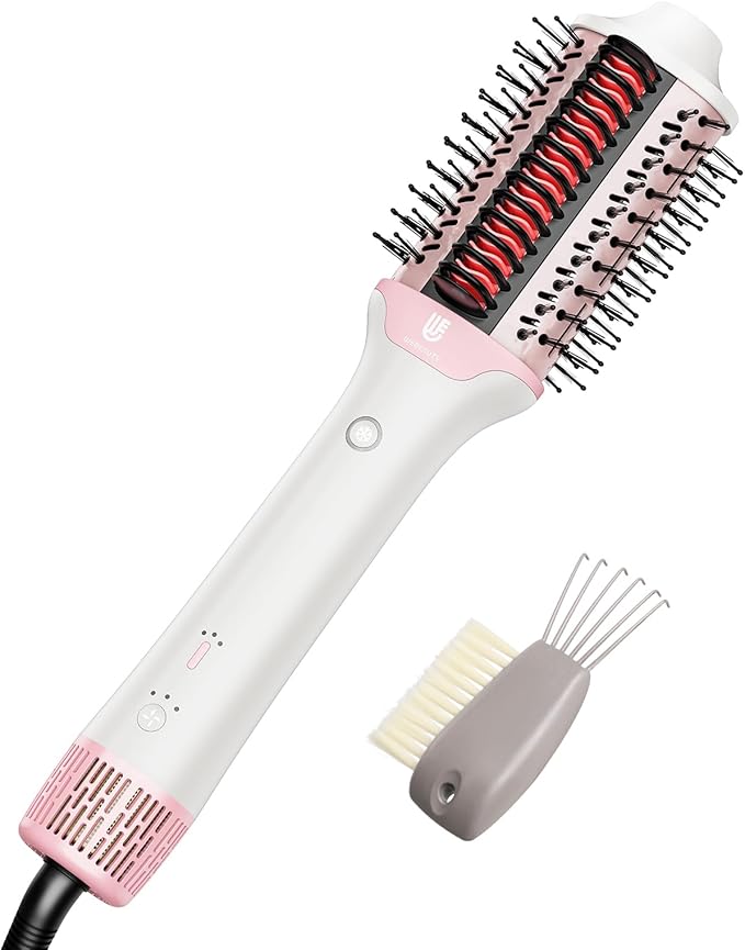 2-in-1 Blow Dryer Brush & Hair Straightener, Ionic & Ceramic Thermal Brush with Adjustable Heat & Cool Shot, 110000 RPM Motor High-Speed Motor for Frizz-Free, Smooth & Voluminous Hair, White with Comb