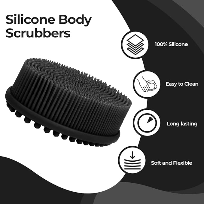 Silicone Body Scrubber - Dual-Sided for Scrubbing & Massaging, Exfoliating Body Scrubber Loofah for Women (Black)