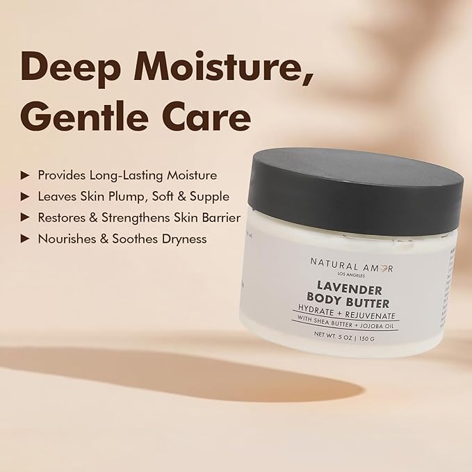 Natural Amor Lavender Body Butter with Shea Butter, Jojoba Oil – Deep Hydrating Cream for Dry Skin – Nourishing Daily Moisturizer for Women & Men – 5oz
