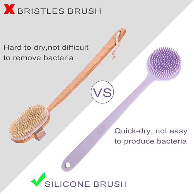 Silicone Back Scrubber for Shower, 14.7in Then Handle Body Brush, Double Sided Shower Brush for Shower Exfoliating and Massage Can Produce Rich Foam, Long Handle Back Scrubber for Men and Women