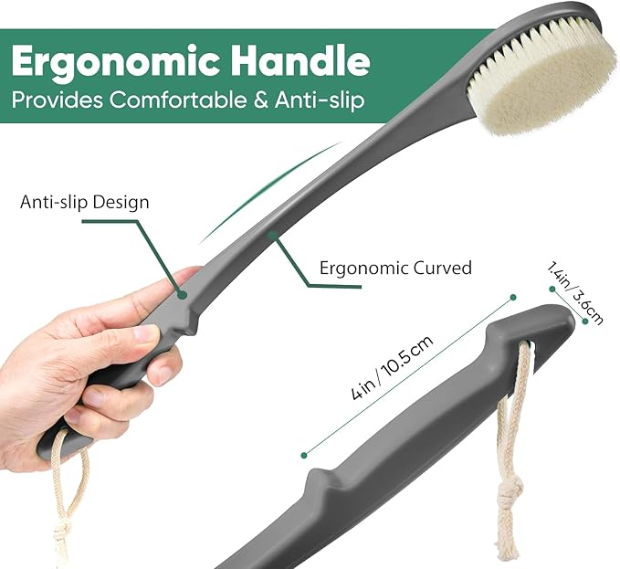 Back Scrubber for Shower, 17-Inch Shower Brush for Men and Women, Long Handle Exfoliating Body Brush, Medium Bristle Stiffness for Dry or Wet Brushing (Deep Gray)