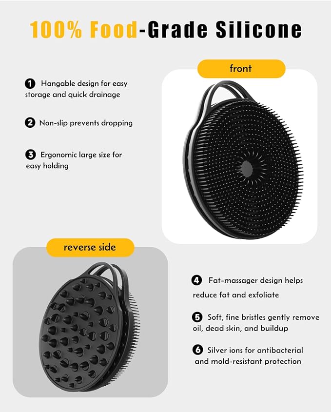 2 in 1 Silicone Body Scrubber, Anti Cellulite Massage Scrubber, Exfoliating Shower Brush for Men & Women, Removes Dead Skin, Reduces Cellulite, Improves Circulation, Fast Dry, Non Slip (1PC, Black)