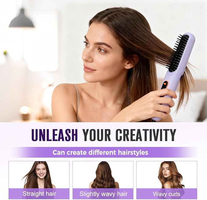 Go Brush Pro, 2026 New Hair Straightener Brush, Portable Straightener Brushes for Travel with LCD Temperature Display, Fast Heating Mini Hair Brush for Women (Purple)