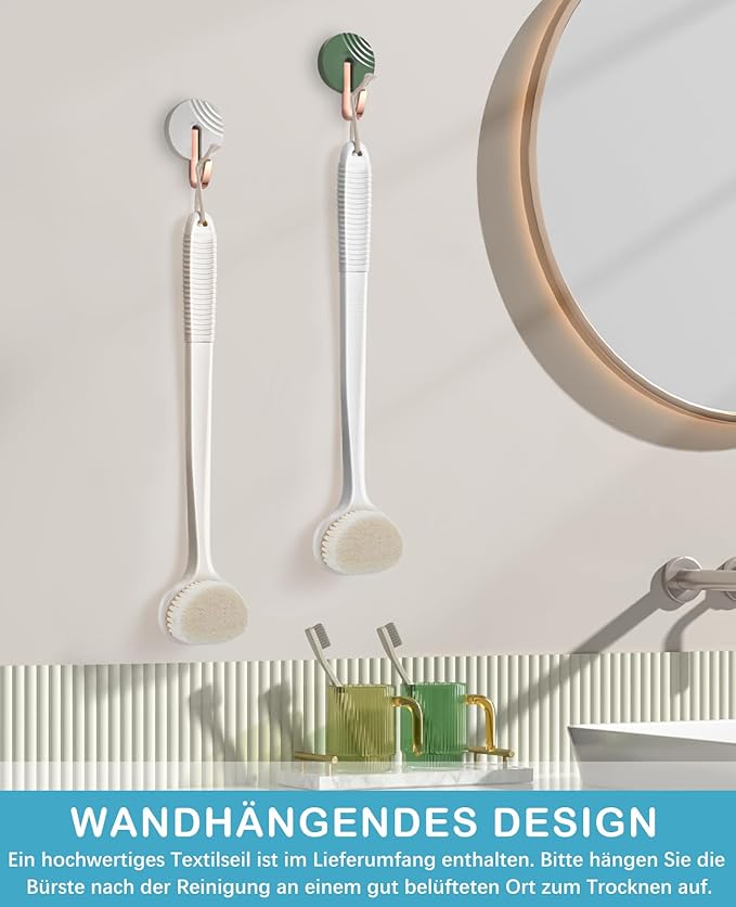 Back Scrubber for Shower with 17" Long Handle, Non-Slip Grip Shower Brush, Moderate Bristles Body Brush for Gentle Exfoliation, Back Brush for Shower Men & Women – Cream White