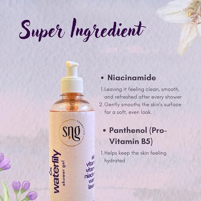 Lavender Body Wash for Women & Men 16.9 fl oz – Hydrating Shower Gel with Aloe Vera, Vitamin E, Niacinamide, Panthenol & Waterlily – Moisturizing, Paraben-Free, Cruelty-Free