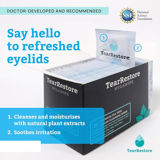 TearRestore Tea Tree HylaWipe Eyelid Wipes - 30 Count | Hydrating Eye Lid Cleanser | Blepharitis Treatment for Eyelids | Eye Lid Cleansing Wipes | Eyes Wipe for Dry, Red, Itchy, And Irritated Eyes