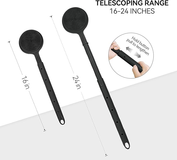 Back Scrubber for Shower, (16-24 Inch) Extendable Bath Brush Long Handle for Shower, Silicone Body Scrubber with Handle, Back Brush for Shower Men and Women,Easy to Clean (Black)