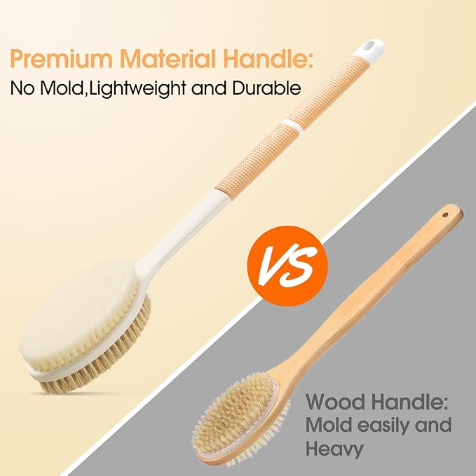 Body Scrubber Anti Slip for Shower, Shower Brush Long Handle with Stiff and Soft Bristles, Body Wash Exfoliating Back Scrubber for Bath or Dry Brushing Body Brush(Orange)