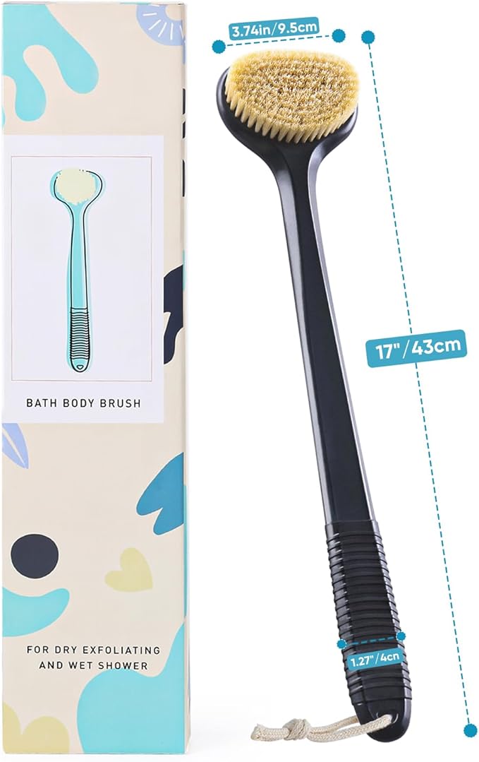 Back Scrubber for Shower with 17" Long Handle, Non-Slip Grip Dry Brushing Body Brush, Natural Boar Bristles Shower Brush for Lymphatic Drainage, Back Brush for Shower Men & Women – Boar Bristles