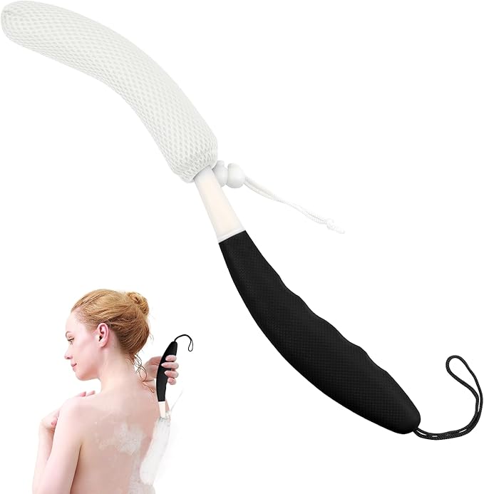 Shower Body Brush Skin Exfoliating Curved Back Scrub Brush Massage Bath Brush Extra Large Curved Handle European and American Hand-Shaped Removable Bold Long Handle Back Washer (Black-White)