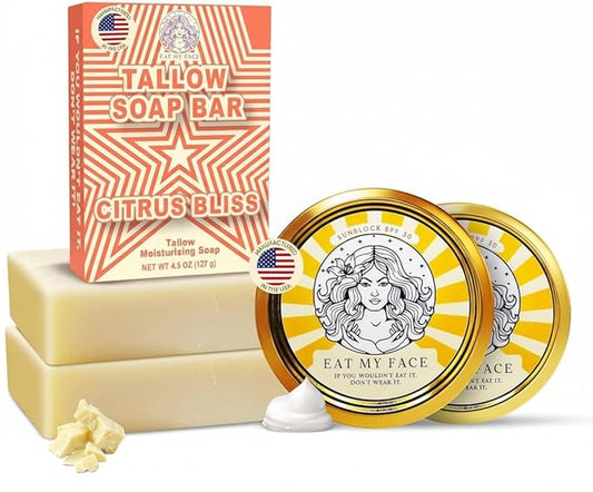 Eat My Face 2 Beef Tallow Sunscreens SPF 30 & 2 Beef Tallow Soaps Bundle, Organic Sunscreen for Face with Non Nano Zinc Oxide, Citrus Bergamot Soap Bar, Moisturizing Handmade Tallow Soap