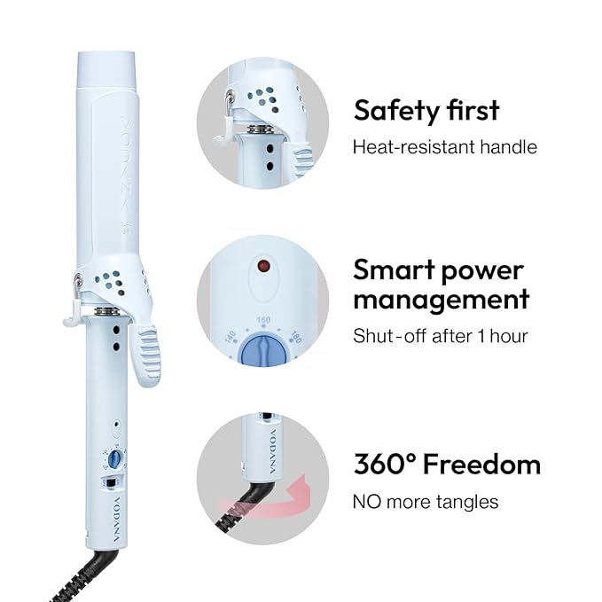 VODANA Professional GlamWave Ceramic Curling Iron, Long-Lasting Natural Curls, Instant Heat, Hair Curler, Curling Wand, Available in USA (1.4 inch, Creamy Blue)