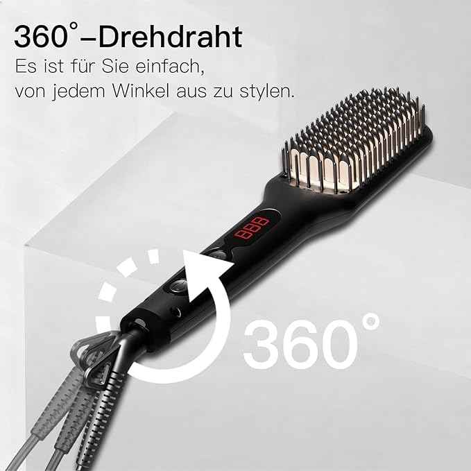 MEGAWISE Pro Ceramic Ionic Hair Straightener Brush for Home Salon, Straightening Hair Brush with 20s Heating Tech, Auto-Off, Anti-Scald with Universal Dual Voltage,Rotatable Power Cord, Black