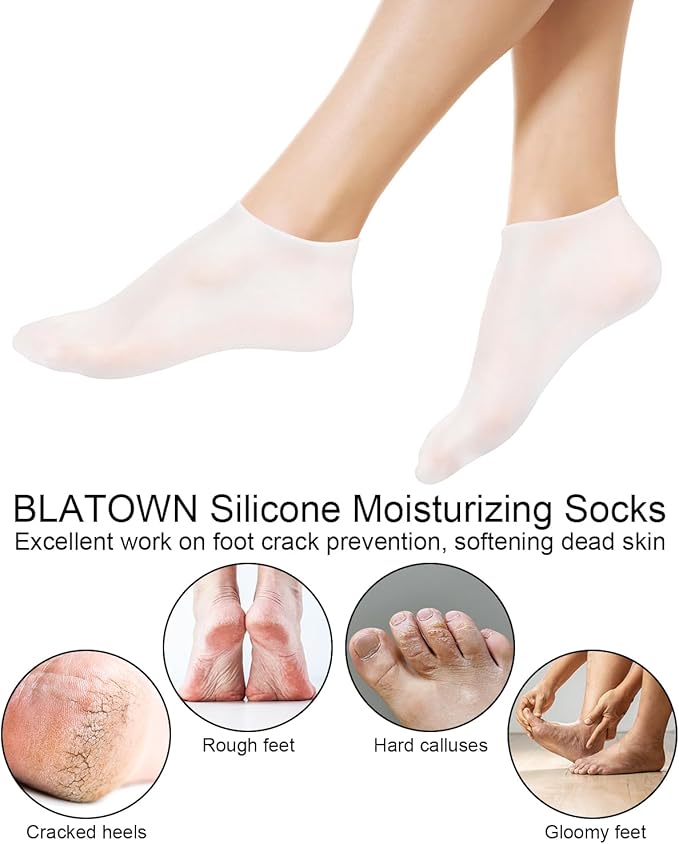 2 Pairs Silicone Moisturizing Glove Socks Set, Anti Slip Soft Spa Gel Socks Softening Feet Dry Cracked Skin, Women Spa Pedicure Socks for Foot Hand Softening, Foot Care After Pedicure (White)