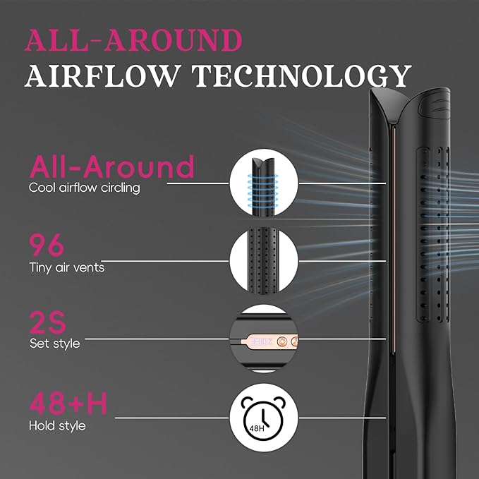 SKIMI Airflow Styler, Titanium Flat Iron Hair Straightener, Professional Curling Iron with Cooling Air Vents to Lock in Style, 5 Temps & Dual Voltage, Auto Off (Black & Rose Champagne).