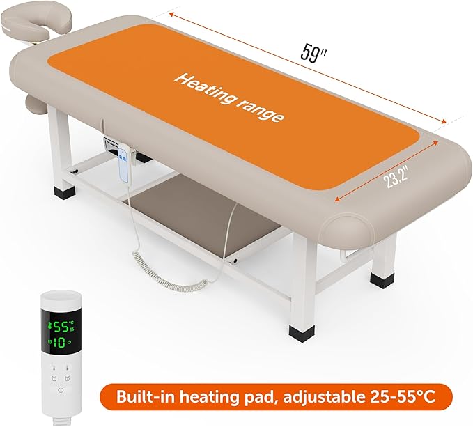 pouseayar Heavy Duty Electric Stationary Massage Table with Heating Function, Backrest Adjustable and Storage Space for Treatment/Medical Spa/Facial/Beauty/Massage Bed - 30 x 75 - Beige Gray