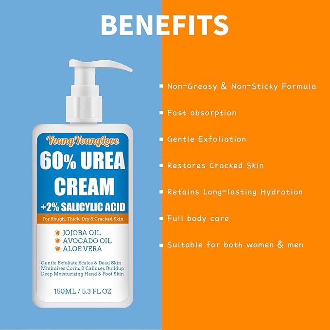 Urea Cream 60% - Urea Foot Cream with Moisturizing Heel Socks for Dry Cracked Hands Heels, 60 Percent for Feet Maximum Strength with 2% Salicylic Acid, Jojoba Oil, Aloe Vera, 5.31oz (Blue, 5.3oz)
