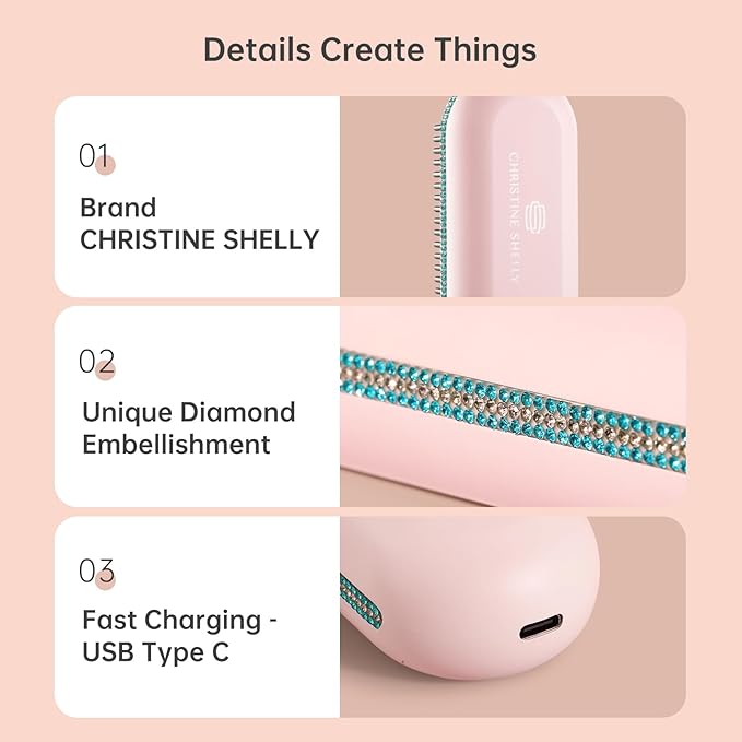 Cordless Hair Straightener Brush, Go Brush Pro, Portable Crystal Diamond Bling Mini Straightening Brush for Travel, Negative Ion Hot Comb with 9 Temps, Anti-Scald Ceramic, Fast Charging for Women