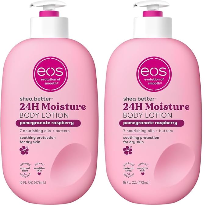 eos Shea Better Body Lotion Pomegranate Raspberry, 24-Hour Moisture Skin Care, Lightweight & Non-Greasy, Natural Shea, Vegan, 16 fl oz (Pack of 2)