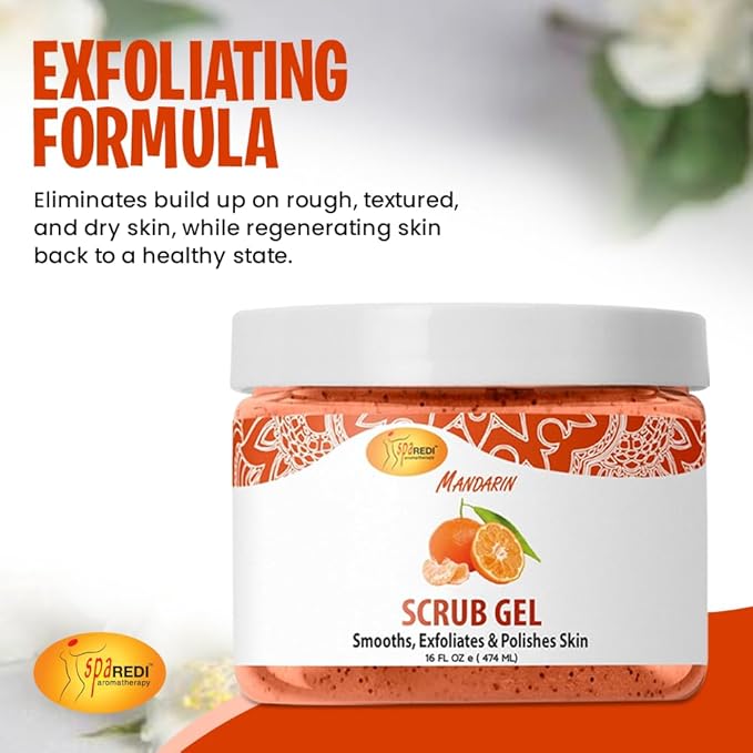 SPA REDI - Exfoliating Scrub Pumice Gel, Mandarin, 16 Oz - Manicure, Pedicure and Body Exfoliator Infused with Hyaluronic Acid, Amino Acids, Panthenol and Comfrey Extract