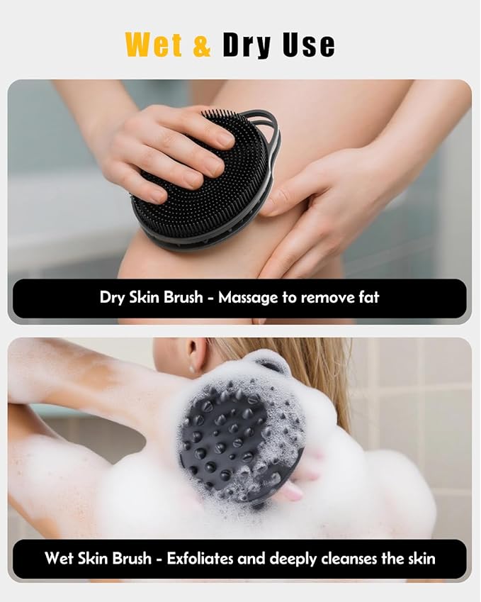 2 in 1 Silicone Body Scrubber, Anti Cellulite Massage Scrubber, Exfoliating Shower Brush for Men & Women, Removes Dead Skin, Reduces Cellulite, Improves Circulation, Fast Dry, Non Slip (1PC, Black)