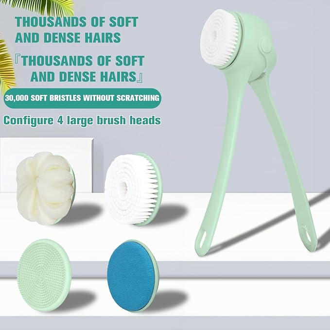 Electric Body Brush Back Scrubber for Shower, Waterproof Long Double-Handled Four-Head Electric Body Scrubber, Rechargeable Bath Brush, for Cleaning, Exfoliation and Skin Massage (Mint Green)