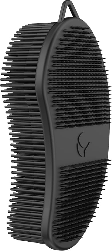 MainBasics Silicone Body Scrubber – Dual-Sided Shower Exfoliator for Men & Women, Gentle Silicone Loofah Alternative for Deep Clean (Black, Exfoliate)