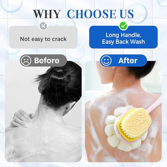 2-in-1 Bath Scrubber Back Brush,2025 New Shower Body Brush with Bristles and Loofah,Double-Sided Bath Back Scrubber with Long Handle for Women, Men, The Elderly (Pink B+Green B)