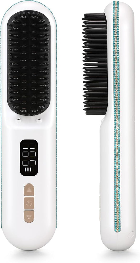 Cordless Hair Straightener Brush, Go Brush Pro, Portable Crystal Diamond Bling Mini Straightening Brush for Travel, Negative Ion Hot Comb with 9 Temps, Anti-Scald Ceramic, Fast Charging for Women