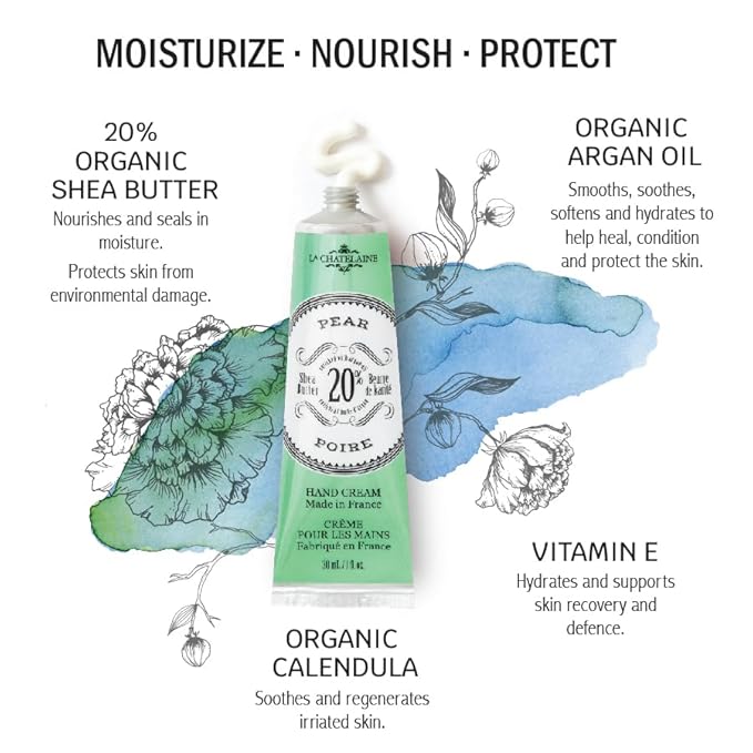 La Chatelaine Rose Hand Cream Trio Tin Gift Set, Ready-To-Gift Tin, Nautral, Made in France with 20% Organic Shea Butter, Nourishing and Moisturizing (Cherry Almond, Pear, Oud Rose)