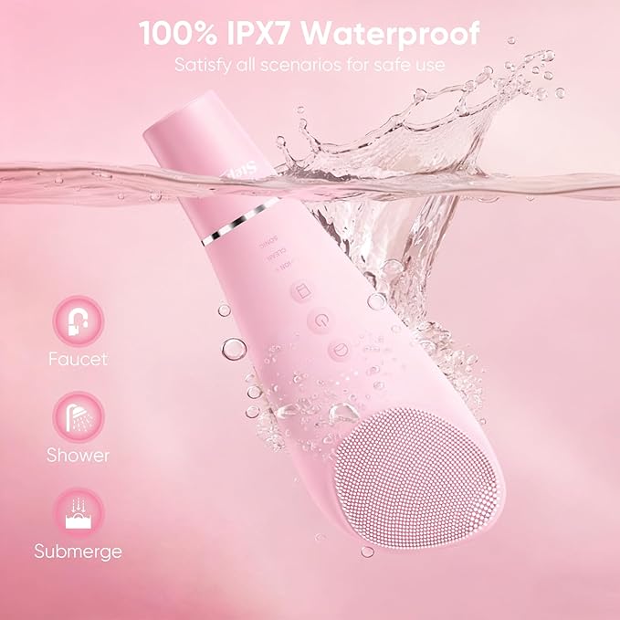 Silicone Face Scrubber Blackhead Scraper Rechargeable 2-in-1 Facial Cleansing Brush & Skin Spatula Duo, IPX7 Waterproof Exfoliating Massager Deep Cleansing for Women and Men（Light Pink）