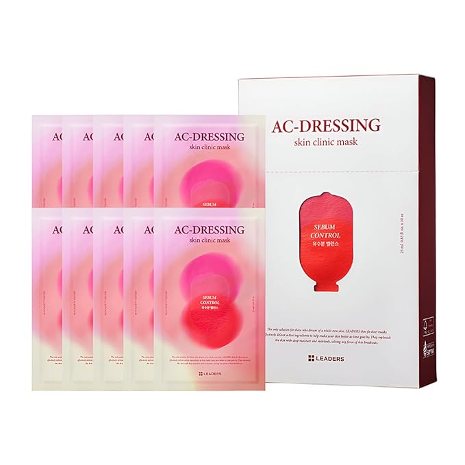 LEADERS AC-Dressing Skin Clinic Mask – Soothing and Calming Sheet Mask for Sensitive, Acne-Prone Skin – Helps Reduce Redness & Irritation, Hydrates, and Balances Skin, Sebum Care Mask – 10 Sheets