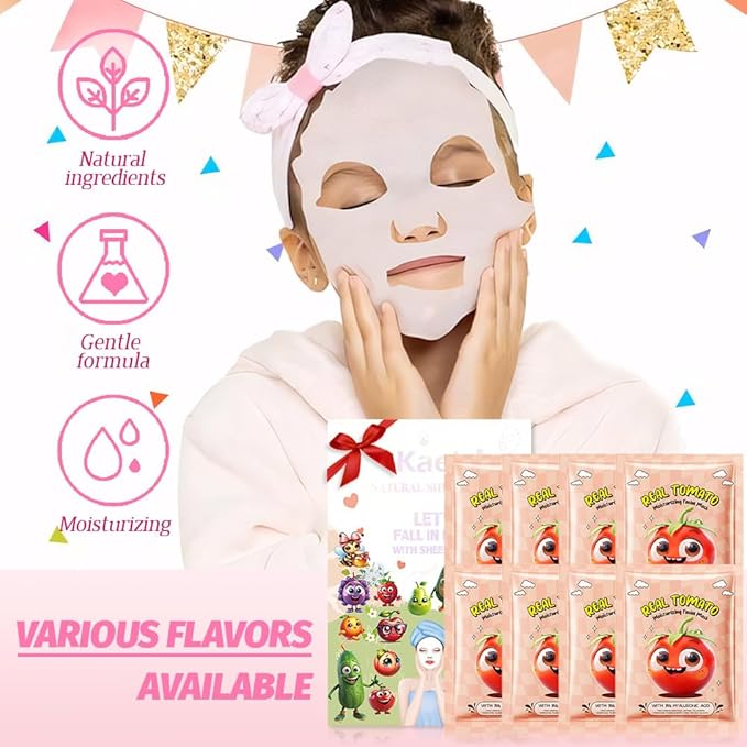 8 Pack Tomato Kids Face Mask,Pink Face Masks Skincare Spa Day Kit Supplies,Spa Party Favors for Teens Girls Women,Sheet Facial Mask Skincare Gifts Set,Moisturize Soothe for All Skin Types