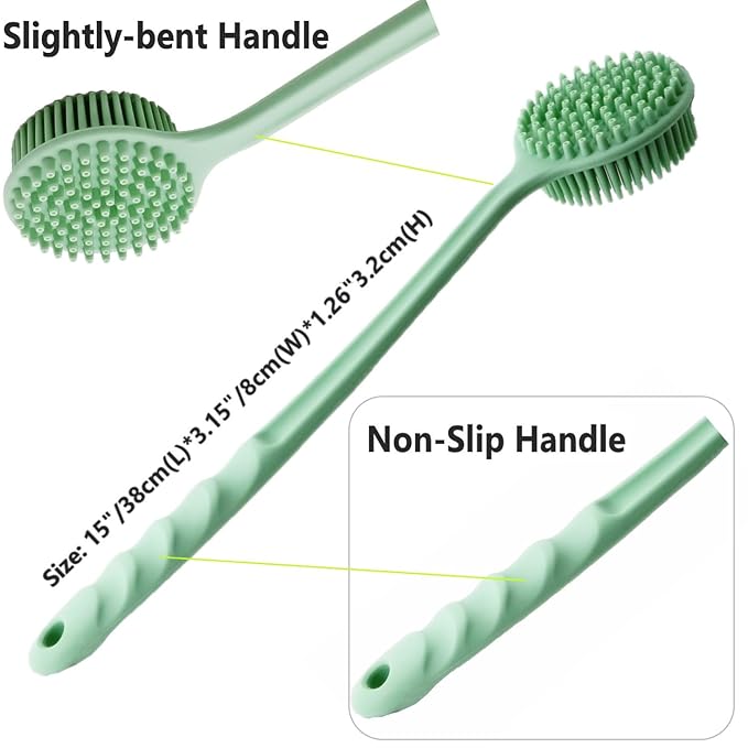Silicone Body Scrubber - Long Handle Exfoliating Shower Brush for Men, Women & Kids - Free Hook