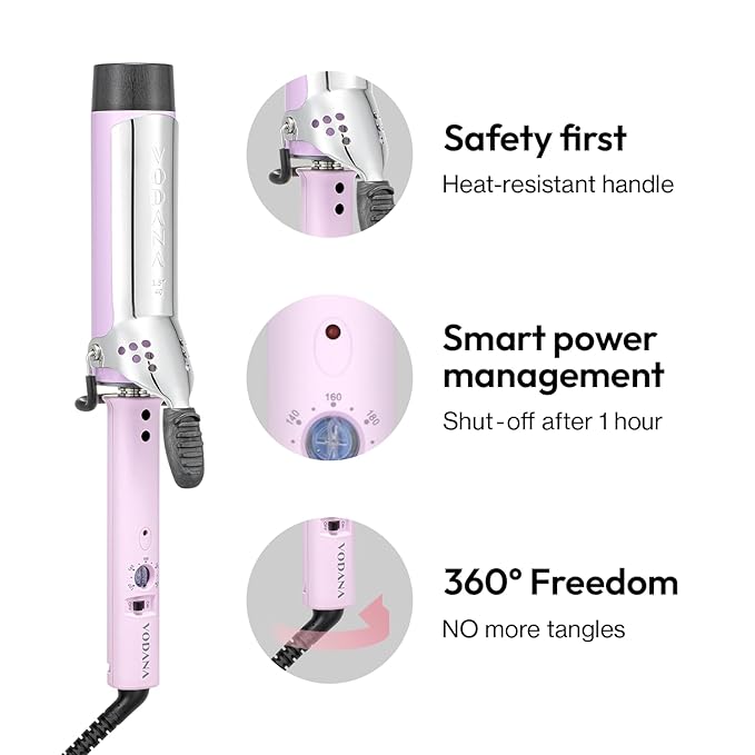 VODANA Professional GlamWave Ceramic Curling Iron, Long-Lasting Natural Curls, Instant Heat, Hair Curler, Curling Wand, Available in USA (1.4 inch, Lavender)