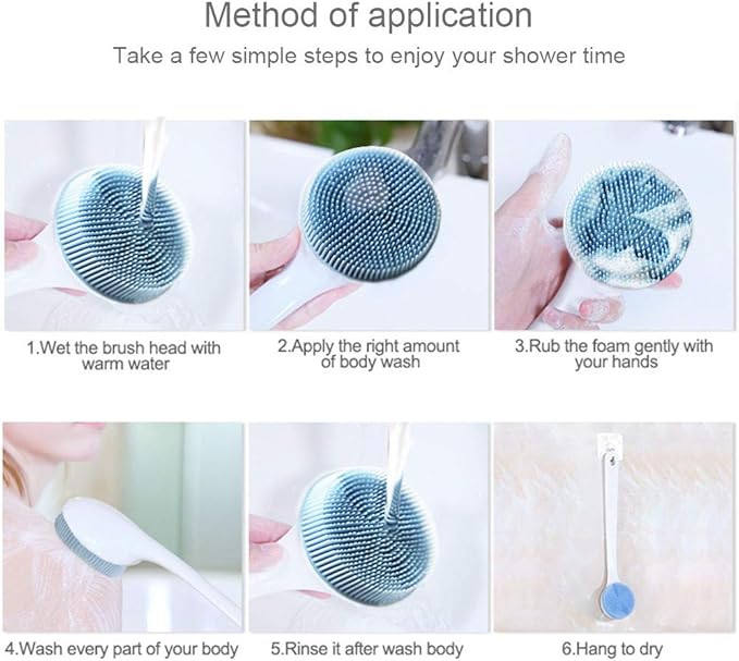 V-TOP Back Scrubber for Shower, Silicone Body Scrubber Long Handle with Soft Bristles, Bath Body Washer Shower Exfoliator Brush for Men and Women, BPA Free, Non-Slip