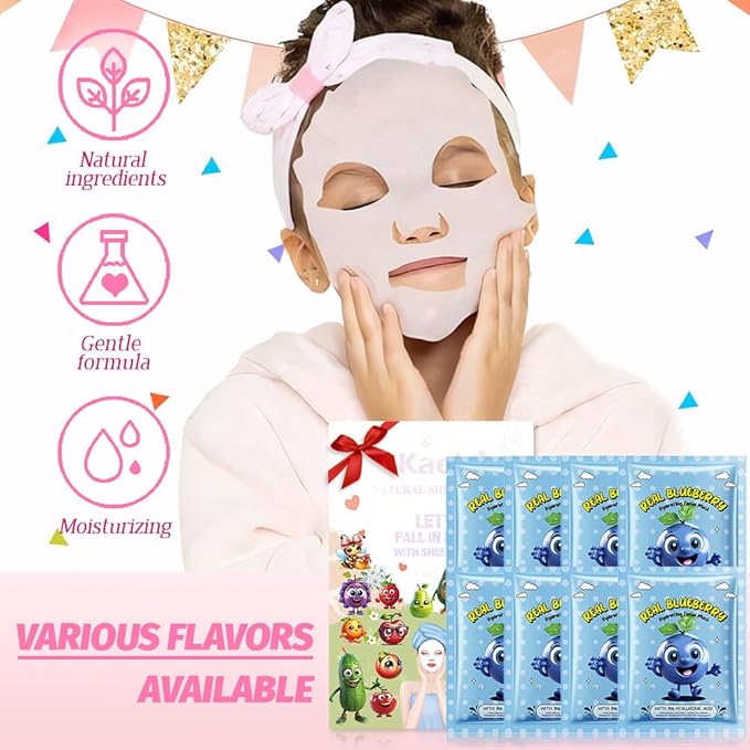 8 PCS Real Hydrating Nature Face Masks Skincare, Hyaluronic Acid, Vitamin C and E, Chamomile, Korean Beauty Essence Facial Paper Sheet Mask for Skin Care Moisturizing (Blueberry)