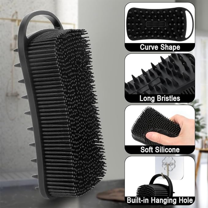 Silicone Body Scrubber, 2 in 1 Soft Silicone Loofah 2 Pack Exfoliating Body Scrubber Loofah for Women Men, Body Scrubber Shower Bath Shampoo Brush with Loop for Sensitive Skin Lather Well, Black &Pink