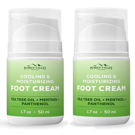 Pumice Valley 2 Pack Foot Cream for Dry Cracked Feet and Heels - Natural Moisturizer, Corn, Calluses Treatment - Skin, Body Lotion, Panthenol, Tea Tree Oil, Menthol 1.7 Oz