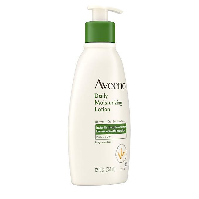 Aveeno Daily Moisturizing Body Lotion with Soothing Prebiotic Oat, Gentle Lotion Nourishes Dry Skin With Moisture, Paraben-, Dye- & Fragrance-Free, Non-Greasy & Non-Comedogenic, 12 fl. Oz