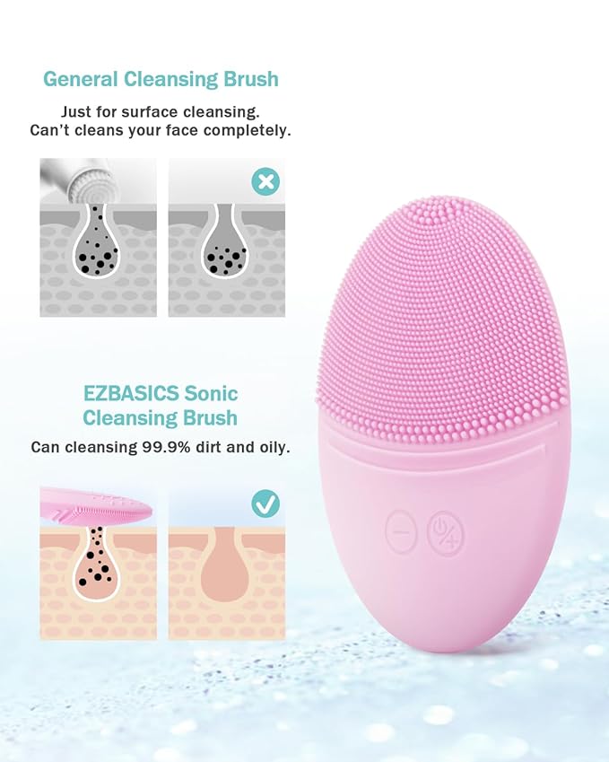 EZBASICS Facial Cleansing Brush Made with Ultra Hygienic Soft Silicone, Waterproof Sonic Vibrating Face Brush for Deep Cleansing, Gentle Massaging, Inductive Charging (Pink)1 Pack+5 Speed Settings